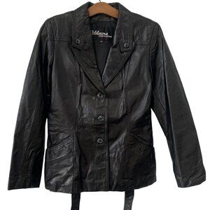 Vintage 90s Wilsons Coat Black Size 10 Button Suede and Leather Trench Belted